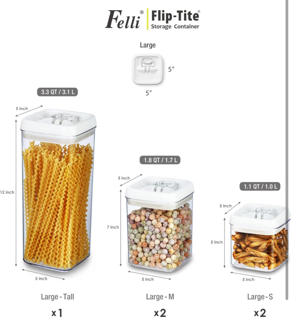 Felli Flip Tite Food Storage Container 5" LARGE 5pk Set + No Residue Label, Airtight Lid Easy Lock Top Stackable, Plastic Canister Jar for Pantry Kitc