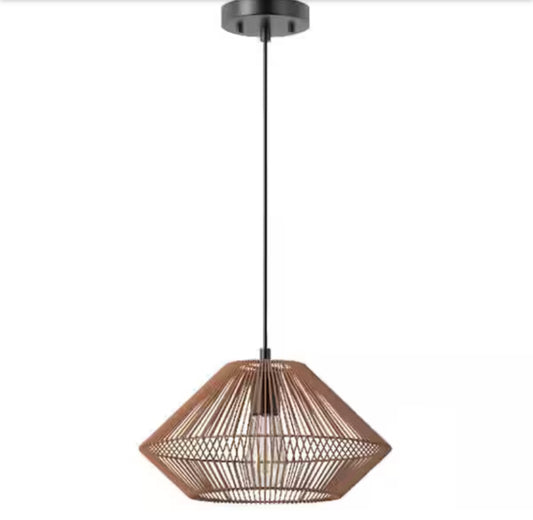 Hampton Bay Savannah 1-light Matte Black Shaded Pendant Light with Paper Twine Shade