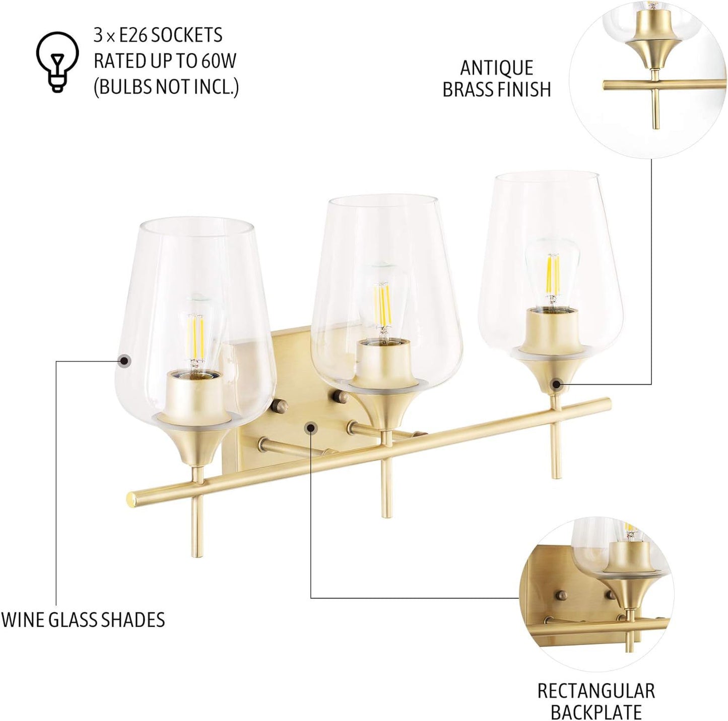 VONLUCE Bathroom Vanity Light, 3 Light Bathroom Light Fixture Over Mirror, Bathroom Wall Lamp with Clear Glass, Modern Gold Vanity Lighting fixtures - Selzalot