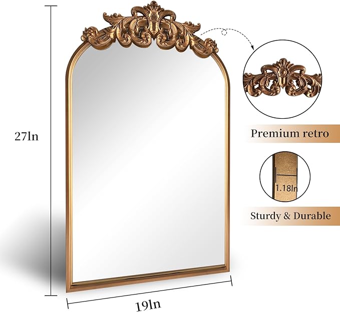 Gold Traditional Arched Mirror, Antique Brass Mirror, Vintage Ornate Baroque Mirror, Carved Mantel Mirrors for Bathroom Bedroom Entryway Home Decor