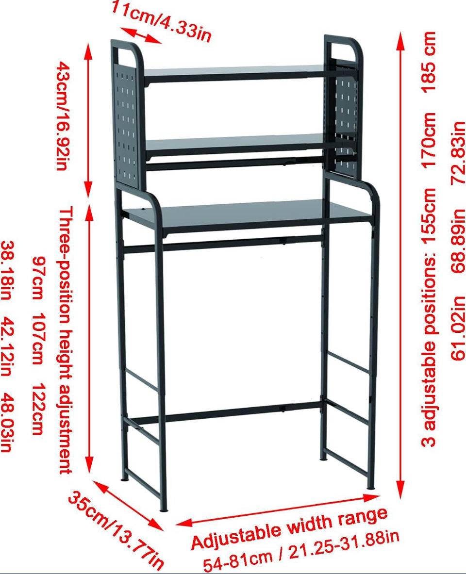 BIFCIOFH 3-Tier Expandable Over Toilet Washing Machine and Dryer Storage Rack, Height Adjustable Laundry Room Shelves, Bathroom Organization Space Saver with Pigboard and Hook (Color: Dark Grey) - Selzalot