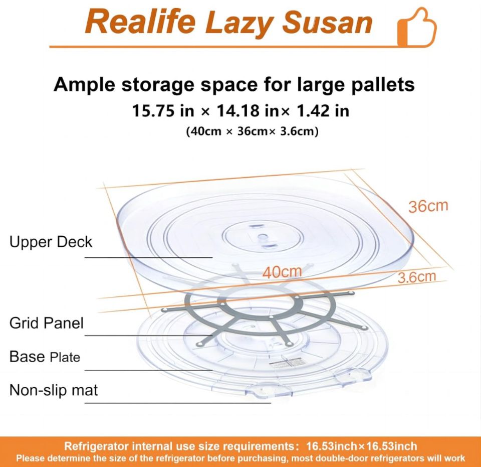 Realife Lazy Susan Turntable for Refrigerator, Slide and 360° Rotate Rectangle Turntable Organizer, Square Turntable Organizer for Fridge Cabinet