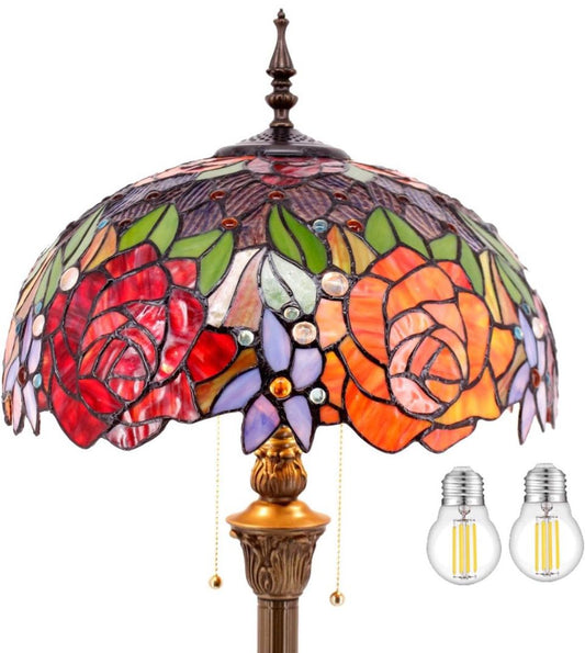 WERFACTORY Tiffany Floor Lamp Red Yellow Rose Stained Glass Standing Reading Light 16X16X64 Inches Antique Pole Corner Lamp Decor Bedroom Living Room