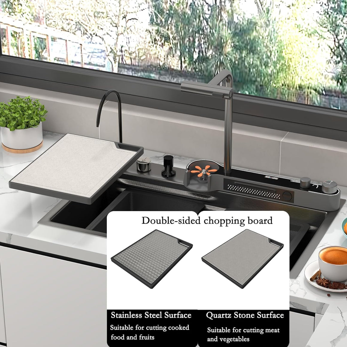 Modern Kitchen Sink Honeycomb Embossed Large Single Bowl Sink，With Digital Pullout Faucet，Cup Wash，Purifying Faucet，Soap Dispenser，Multi-Function Sink （29.5 x 18.1 inch）