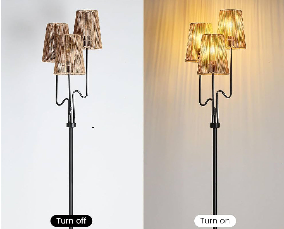 Boho Floor Lamp, 68in. Rattan Floor Lamp with Rattan Shade, 3 Light Tree Standing Lamp for Bedroom,Nursery, E26 Socket, Living Room Floor Lamp for Rus