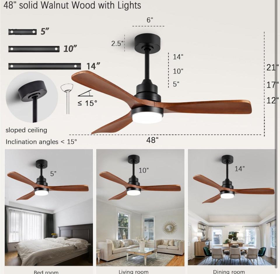 dearnow 48" Wooden Ceiling Fan with Lighted Remote Control, Indoor Outdoor Wooden Ceiling Fan, Outdoor Modern Ceiling Fan with 3 Fan Blades for Patio, - Selzalot