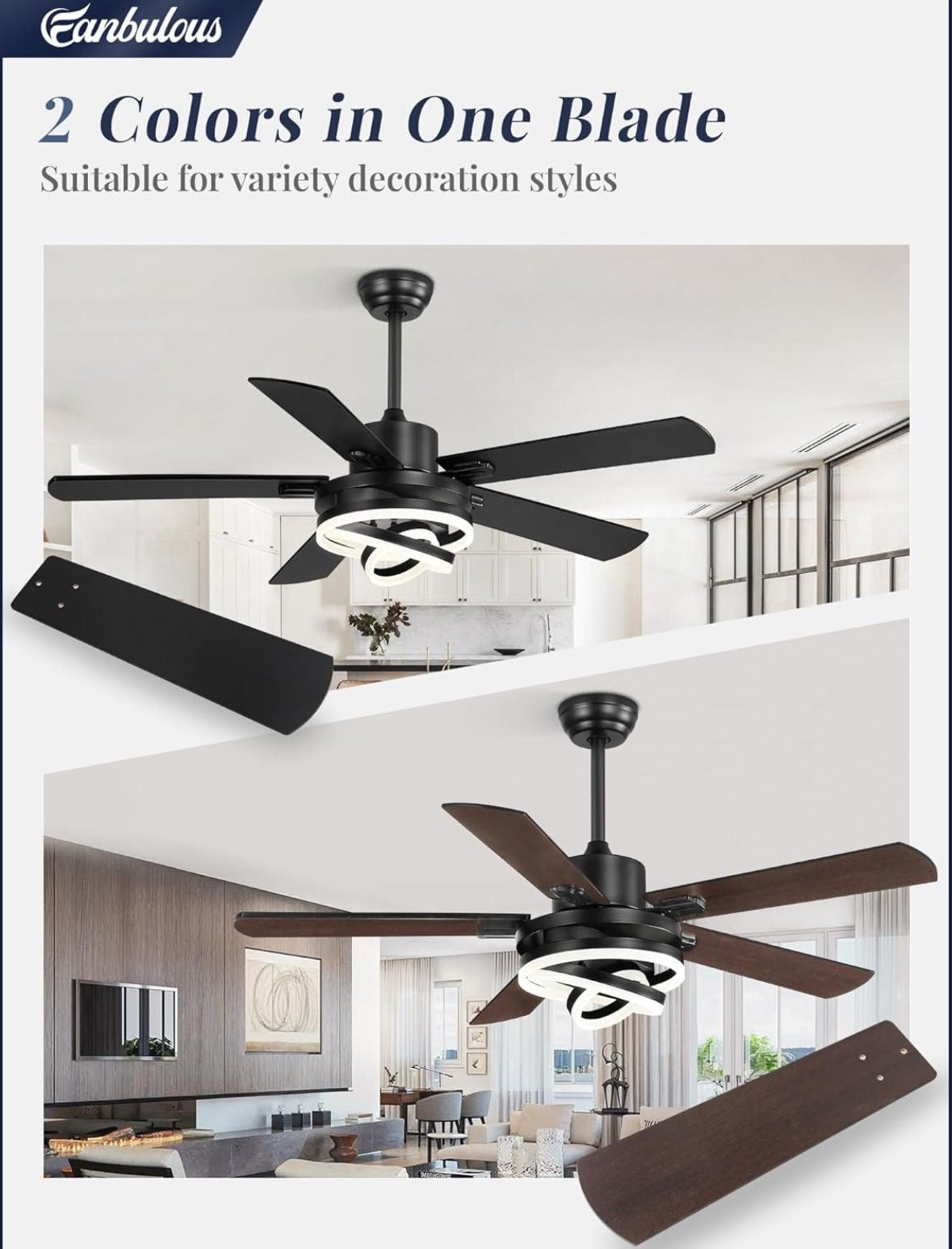 52" Farmhouse Ceiling Fans with Lights,Black Chandelier Fan with 6-Speed Dimmable LED and Reversible DC Motor,Rustic Fandelier Ceiling Fan with 5 Dual