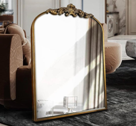 WAMIRRO Arched Mirror, Gold Traditional Vintage Ornate Baroque Mirror, Antique Brass Mirror, Wall Mounted Mirrors for Entryway/Fireplace/Living Room/H - Selzalot