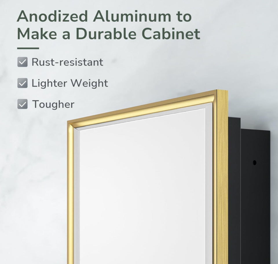 TokeShimi 20x26 Recessed Medicine Cabinet Bathroom Vanity Mirror Gold Metal Framed Surface Wall Mounted with Aluminum Alloy Beveled Edges Design 1 Doo