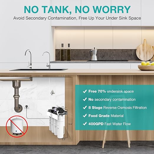 SimPure Tankless UV Reverse Osmosis System, NSF/ANSI 58 Certified, RO Water Filter System Under Sink 400 GPD, 8 Stage Water Filtration, Near 0 TDS, BPA Free, 1.5:1 Pure to Drain, Built-in Pump