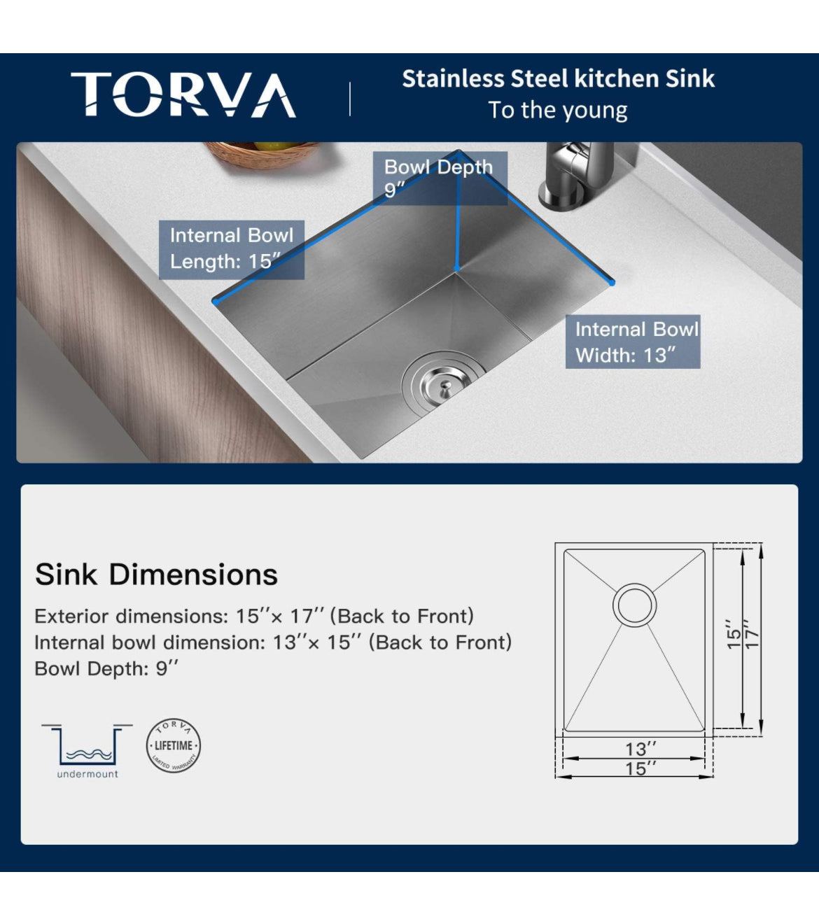 TORVA 17" x 19" Undermount Kitchen/Bar Sink,16 Gauge Stainless Steel Single Bowl - Selzalot