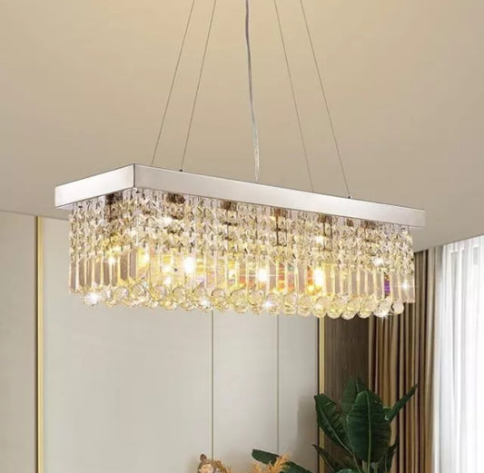 Open Box 7PM Rectangle K9 Crystal Chandelier Modern Rectangular Pendant Light Fixture for Dining Room Kitchen Island Chrome L31.5 x W10 x H10