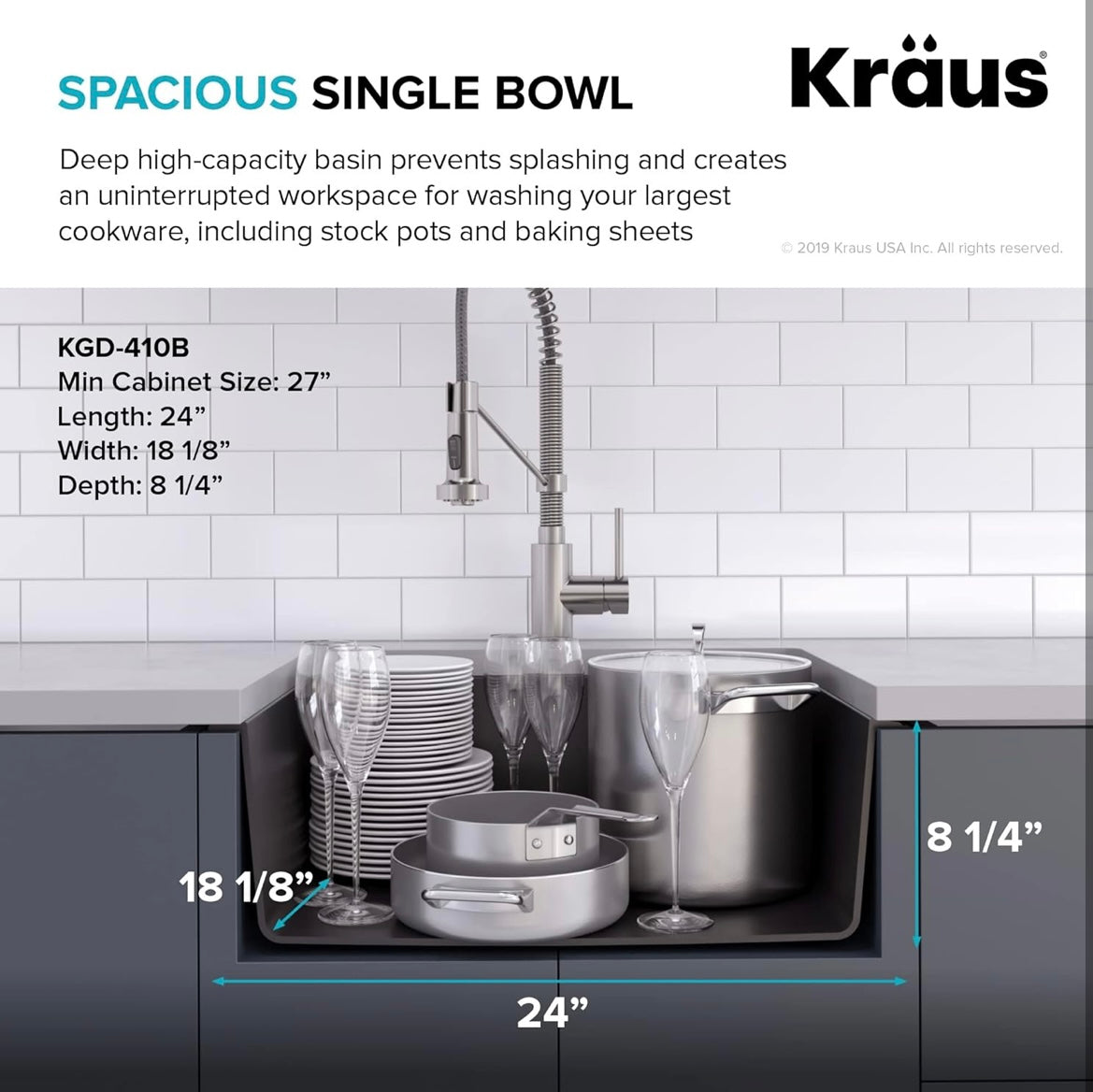 KRAUS Quarza 24-inch Drop-In/Undermount Single Bowl Granite Kitchen Sink in Black Onyx, KGD-410B