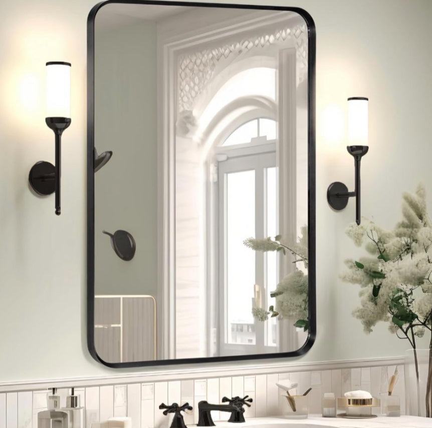 Minuover Wall Mount Mirror for Bathroom, Brushed Black Metal Framed Rounded Corner Rectangular Vanity Mirror (24" x 36”, Black) - Selzalot