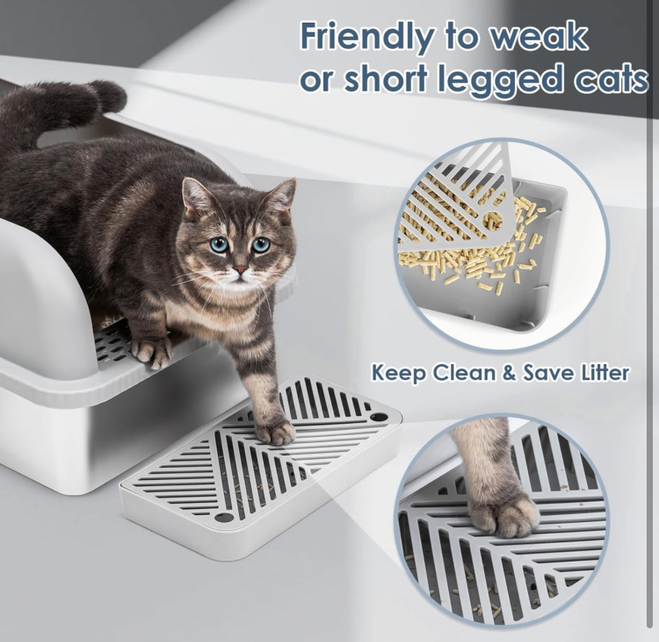 Suzzipaws Enclosed Stainless Steel Cat Litter Box with Lid Extra Large Litter Box for Big Cats XL Metal Litter Pan Tray with High Wall Sides Enclosure