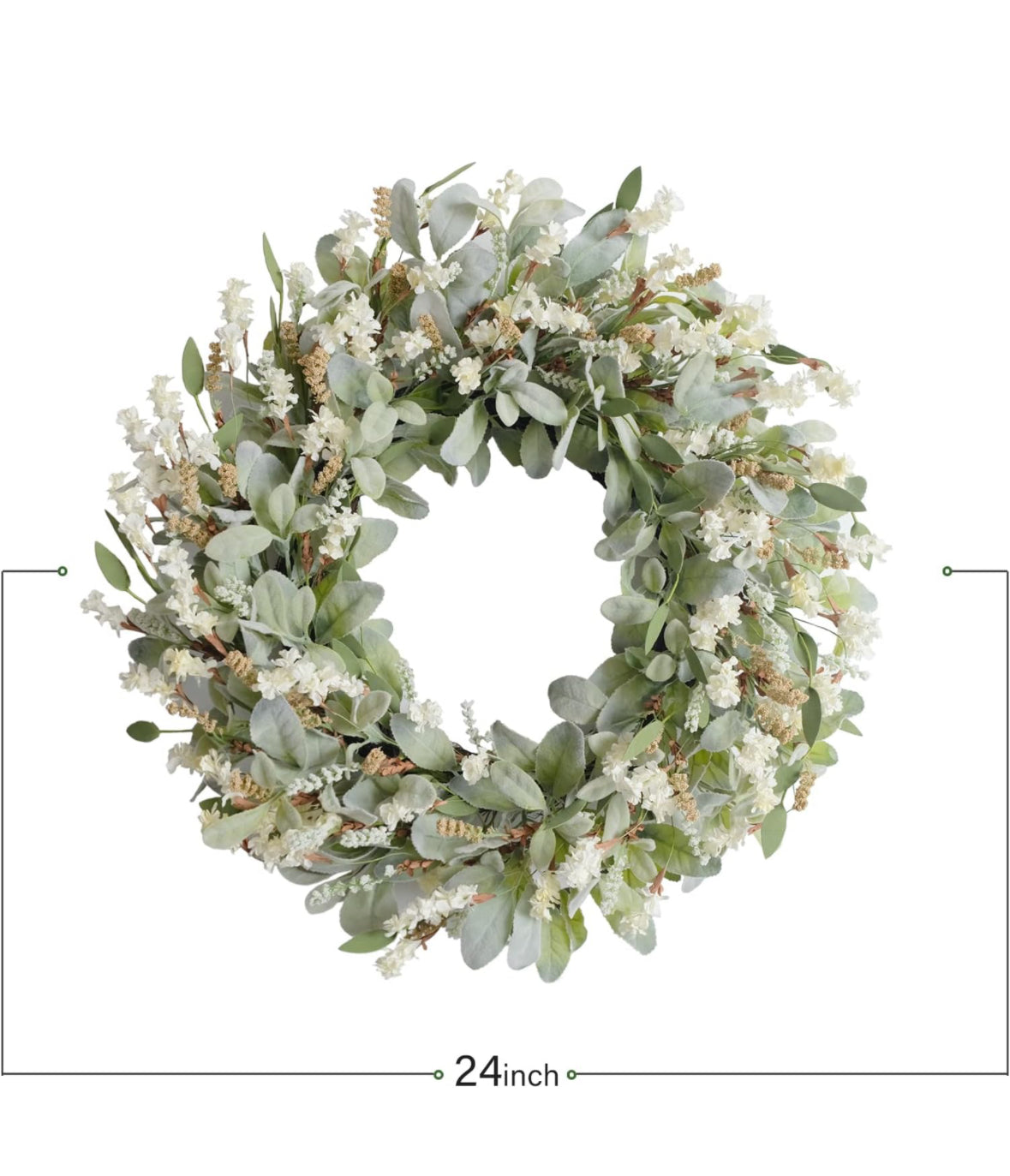 24 Inch Summer Spring Ivory Flowers Wreath for Front Door, Everyday Lamb Ears Leaves Wreath with White Artificial Flower for Indoor and Outdoor, Rusti