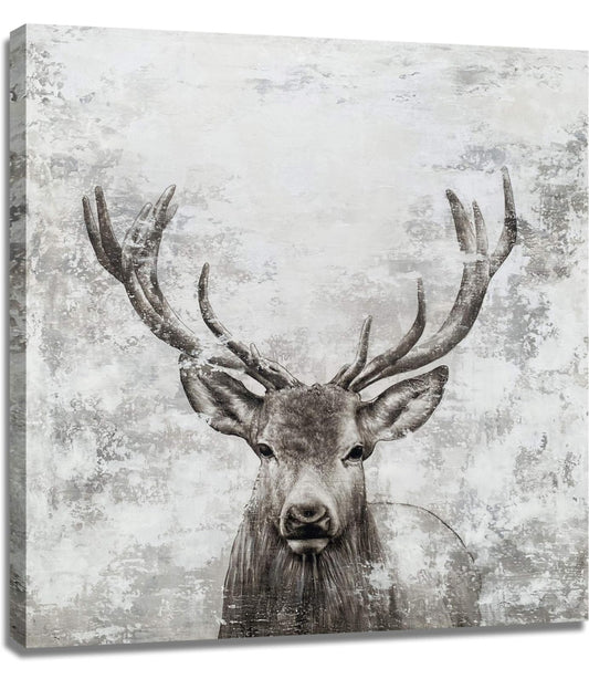 BATRENDY ARTS Red Deer Canvas Wall Art Hand Painted Animal Head Picture Rustic Grey and White Hunting Artwork Painting for Living Room Home Office Dec