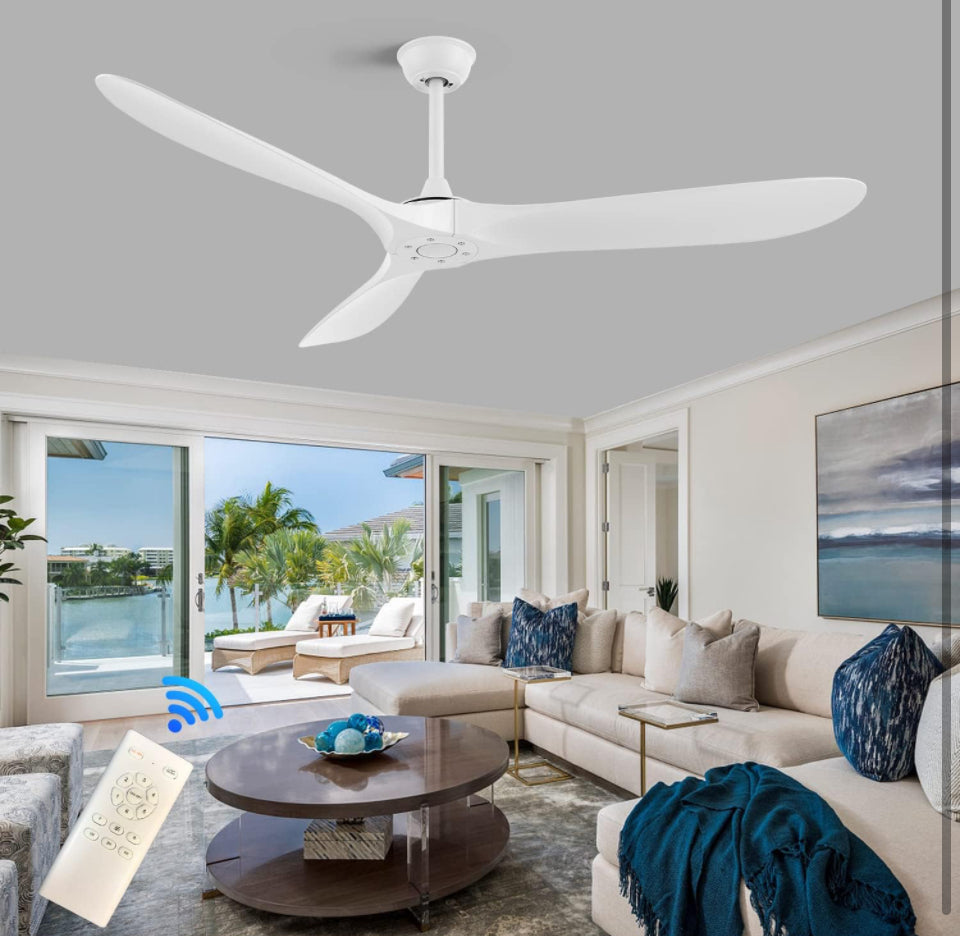 YJFAN 60 Inch Indoor/Outdoor Ceiling Fan with Remote Control,Modern White Ceiling Fan with Reversible Quiet DC Motor, 3 ABS Blades for Living Room, Be