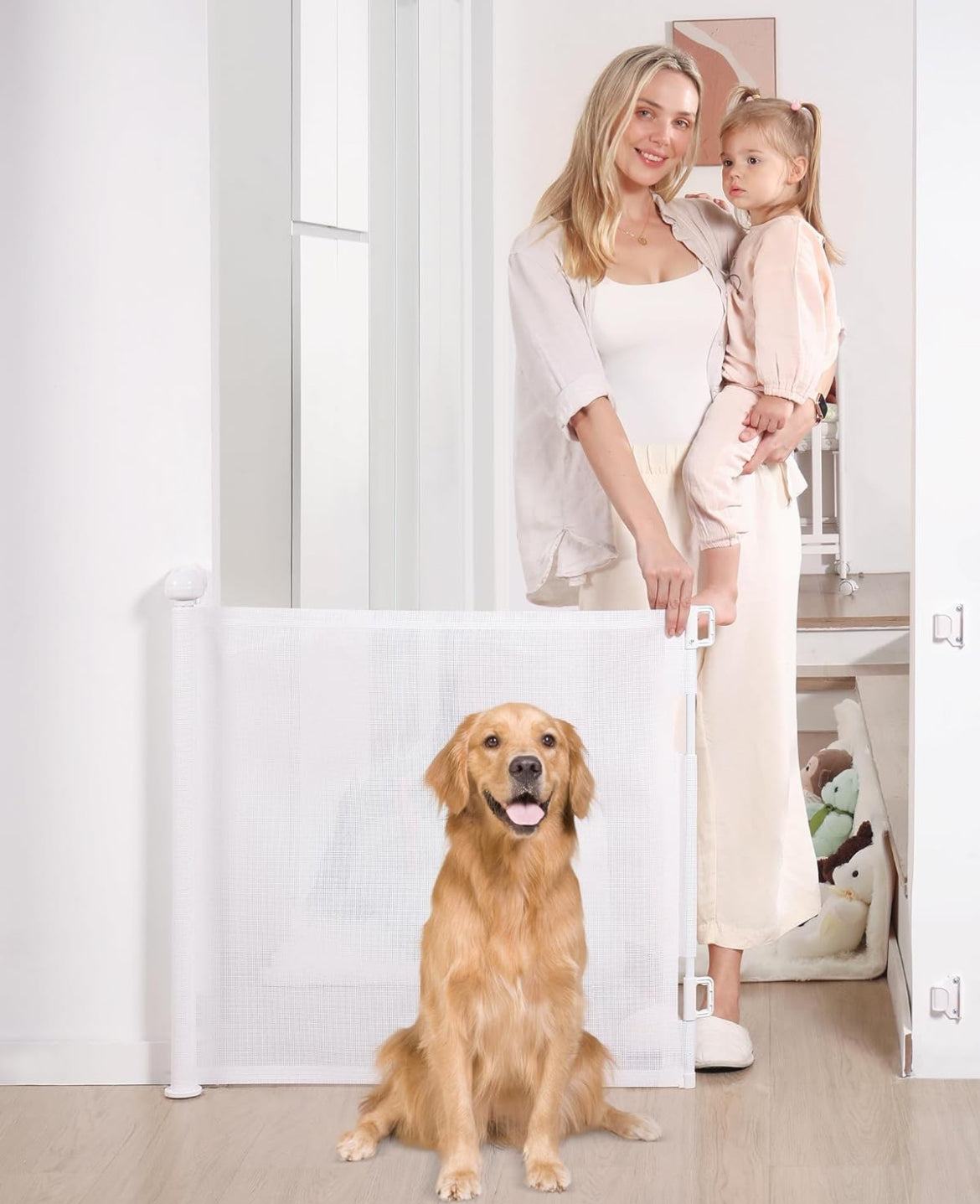 Likzest Retractable Baby Gate, Mesh Baby and Pet Gate 33" Tall, Extends up to 55" Wide, Child Safety Baby Gates for Stairs Doorways Hallways, Dog Gate Cat Gate for Indoor and Outdoor (White) - Selzalot