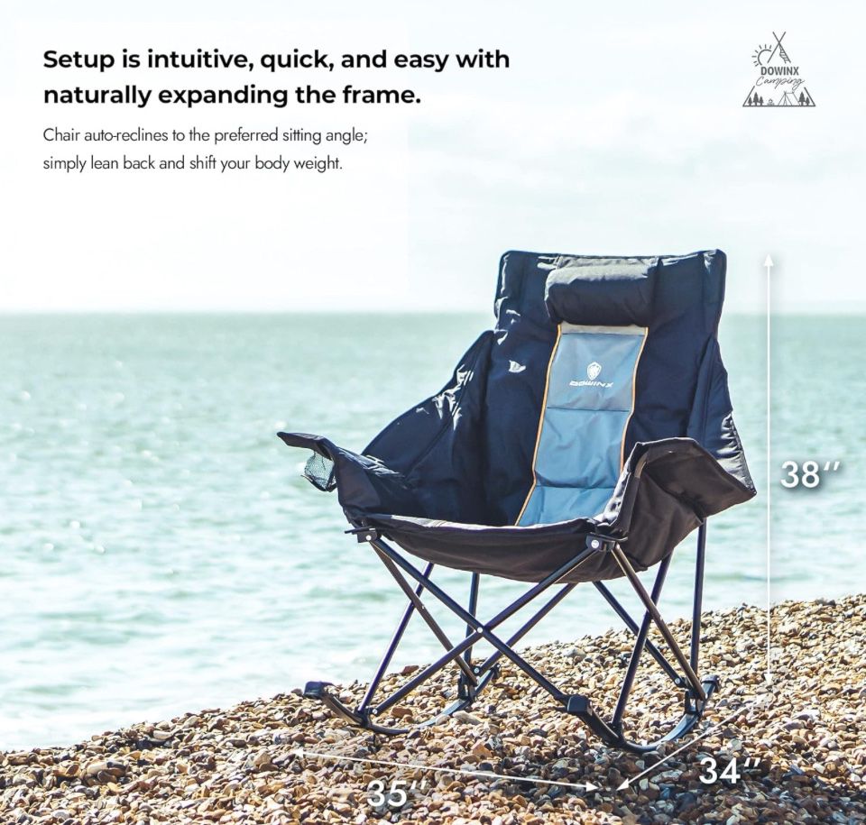 Dowinx Oversized Rocking Camping Chair, Fully Padded Patio Chair with Side Pocket and Carry Bag, High Back Portable Lawn Recliner with Headrest