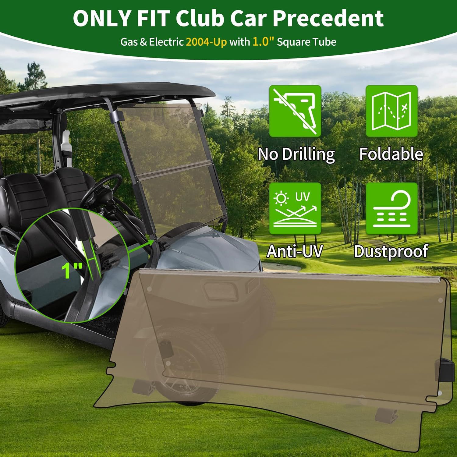 Golf Cart Foldable Windshield 3/16" (5MM) Thicken Only Fits 2004-Up Club Car Precedent with 1"x1" Strut Rail Front Folding Acrylic Windshield Replacem - Selzalot