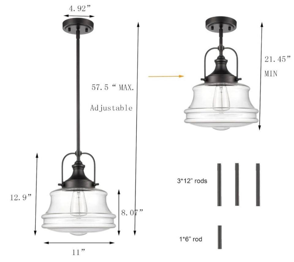 DEYNITE Industrial Pendant Light Fixtures Black Schoolhouse Hanging Adjustable Light for Kitchen Island - Selzalot