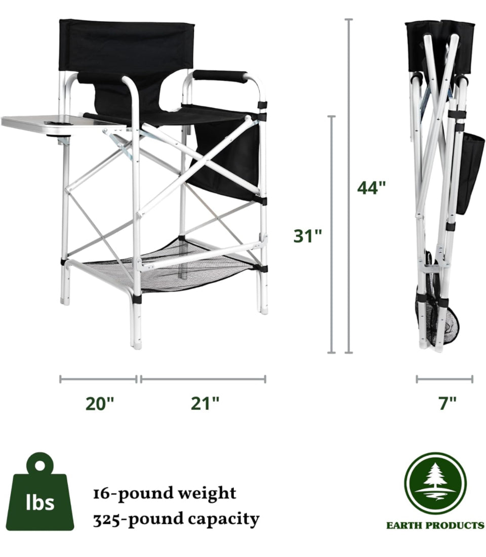 Earth Products Executive VIP Tall Directors Chair with Folding Side Table, Foldable, Zippered Carry Bag, 31" Seat Height, Lightweight, 375LBS Max Load - Selzalot