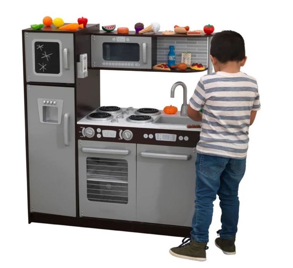 KidKraft Uptown Wooden 30-Piece Play Kitchen for Kids, Black and Silver - Selzalot
