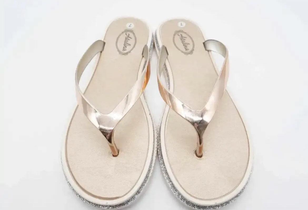 Atalina Sandals Womens Rose Gold Silver Glitter Thong Flip Flop Flat Heel - Selzalot