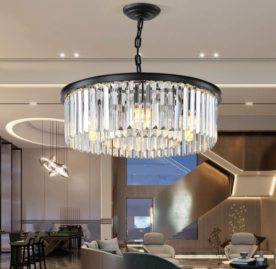 Black Modern Crystal Chandelier, 2-Tier Round Flush Mount Ceiling Light Fixtures Height Adjustable Pendant Lighting for Dining Room Living Room Bedroo - Selzalot