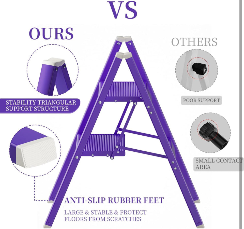 PLEDDANIO Step Ladder 3 Step Folding Ladders for Adults, Lightweight Aluminum Stepladder,330lbs Capacity Home Library Kitchen Office Purple Step Stool