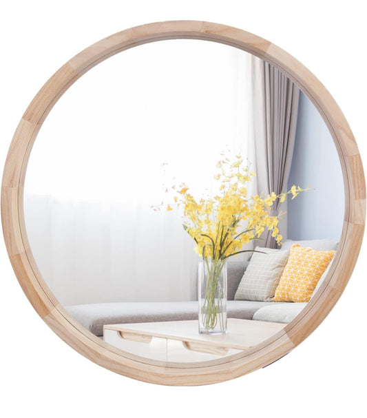 CONGUILIAO Round Mirror, 30 Inches Wood Mirror, Wall Mirror Decorative Circle Mirror, Nature Big Bathroom Large Vanity Mirror Farmhouse Mirror for Liv - Selzalot