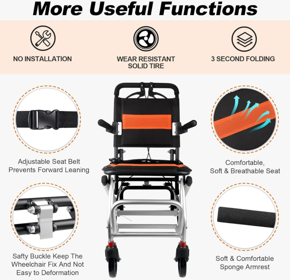 Ultra-Light Transport Wheelchair - Folding Portable Wheelchair with Hand Brake - Trolleys for Elderly Aircraft Travel with Bag - Selzalot