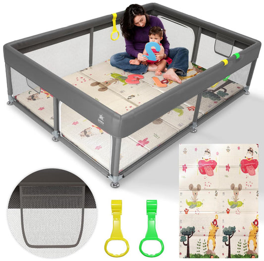 Little Generation Baby Playpen with Mat Included - Durable Baby Play Yard with 2 Playpen Pull Up Rings, 2 Toy Storage Nets, and Non Slip Bottom Suction - Selzalot
