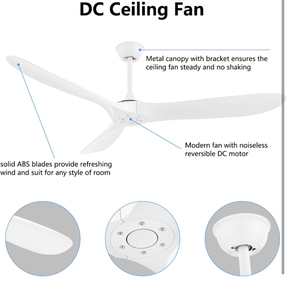 YJFAN 60 Inch Indoor/Outdoor Ceiling Fan with Remote Control,Modern White Ceiling Fan with Reversible Quiet DC Motor, 3 ABS Blades for Living Room, Be