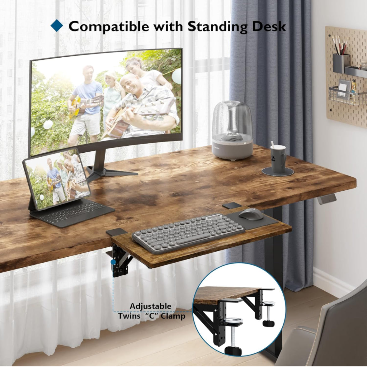 BONTEC Small Ergonomics Desk Extender Tray, 20x9.5 Inch Table Mount Arm Rest Shelf, 90° Foldable Keyboard Tray Platform, Clamp on Computer Arm Rest fo