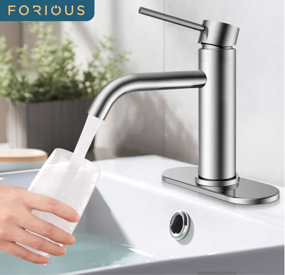 FORIOUS Bathroom Sink Faucet, Stainless Steel Bathroom Faucet for 1 Hole or 3 Hole, Single Handle Sink Faucet with Metal Pop Up Drain Assembly, Lavatory Tap for Vanity Basin RV, Brushed Nickel Finish - Selzalot