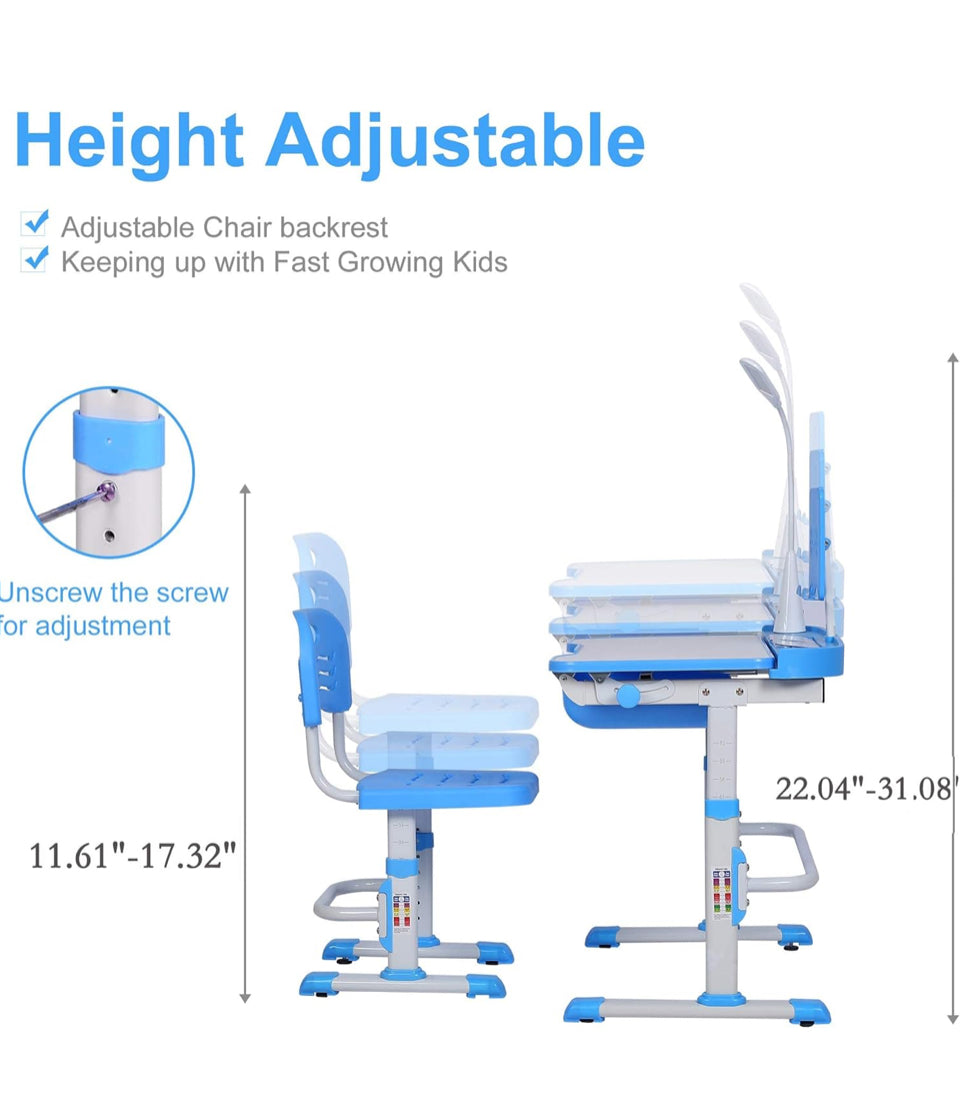 Kids Desk and Chair Set, Height Adjustable Child's School Study Writing Tables with Tilt Desktop, LED Light, Storage Drawer, Book Stand (Blue) - Selzalot