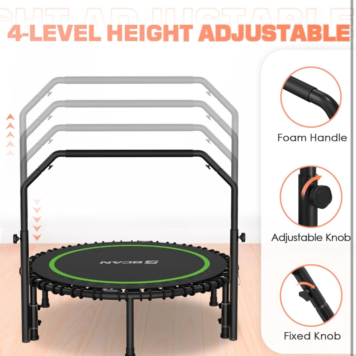 BCAN 450/550 LBS Foldable Mini Trampoline, 40"/48"/50" Fitness Trampoline with Bungees, U/T Shape Adjustable Foam Handle, Stable & Quiet Exercise Rebo