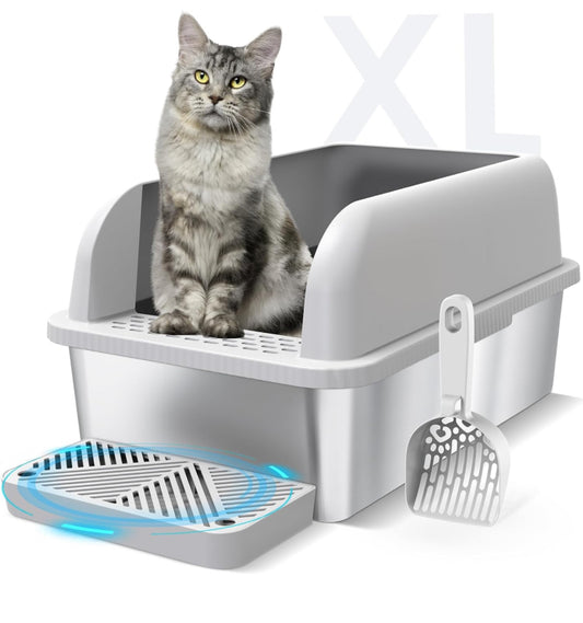 Suzzipaws Enclosed Stainless Steel Cat Litter Box with Lid Extra Large Litter Box for Big Cats XL Metal Litter Pan Tray with High Wall Sides Enclosure - Selzalot