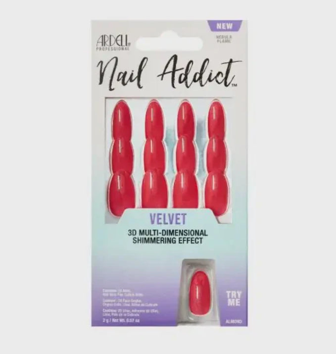 Ardell Press-on Nails Nail Addict Velvet Nebula Flame in packaging, showcasing shimmering red nails.