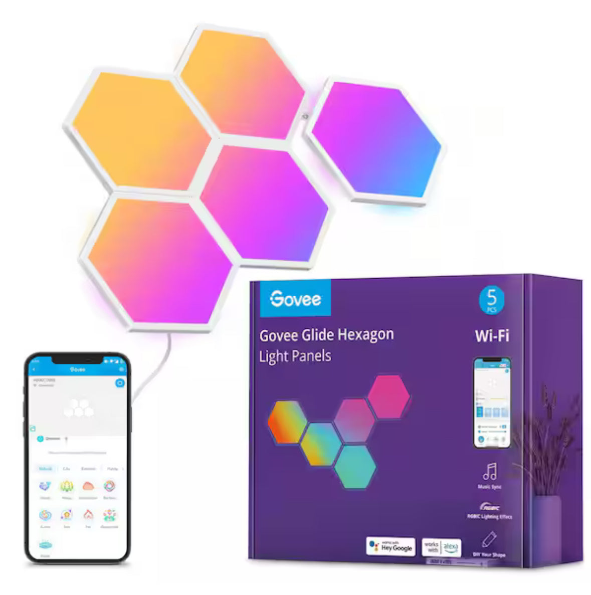 Govee Glide Hexagon Smart Color Changing Plug-In Wi-Fi Enabled Integrated LED Light Panels (5-Piece)