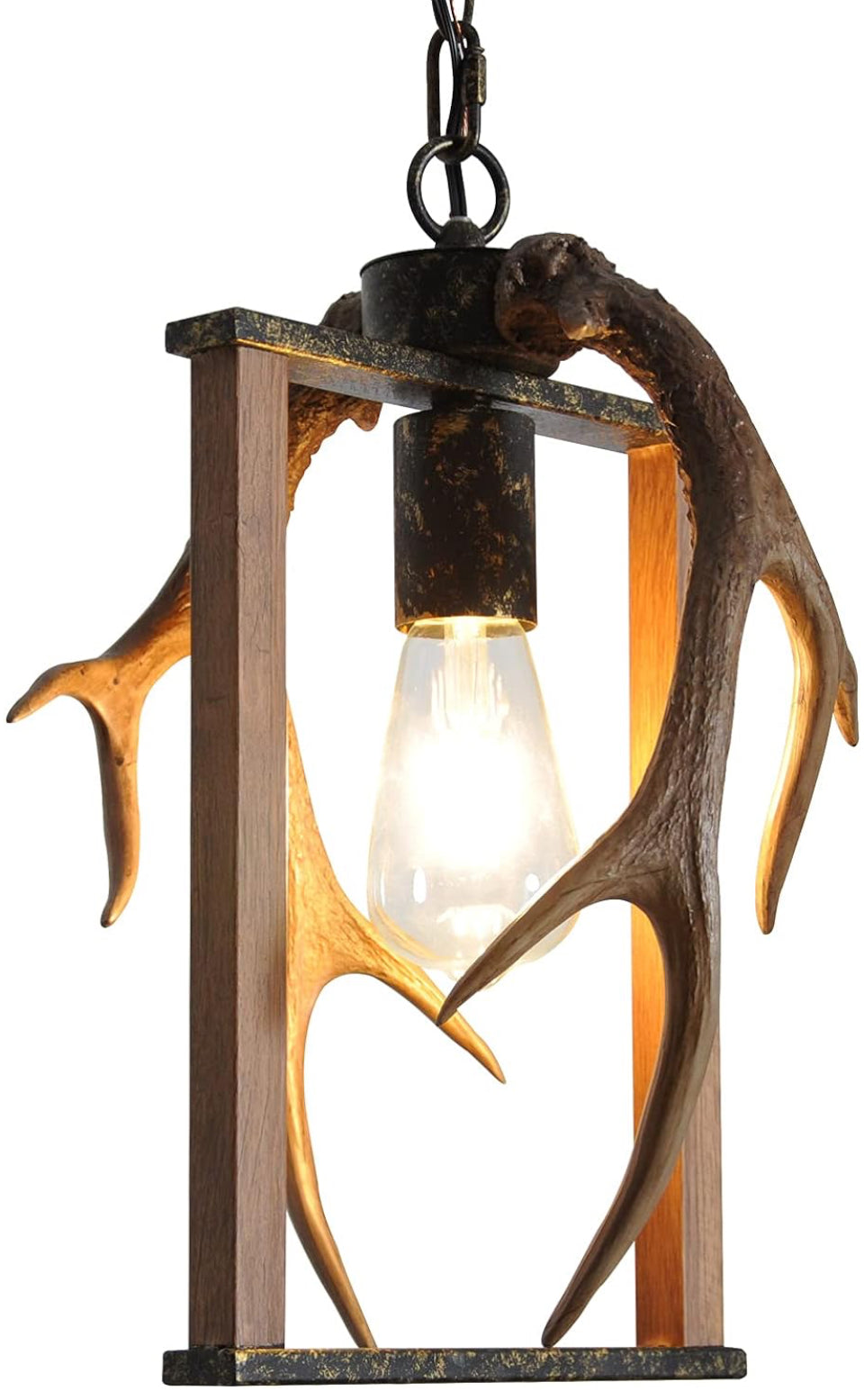 ALOYSIANS Small Deer Antler Lamp Imitation Wood Chandeliers FarmhouseSquare Antler Chandelier 1-Light 8.7"W*14.8"H Kitchen Lights Pendant Light Fixture - Selzalot