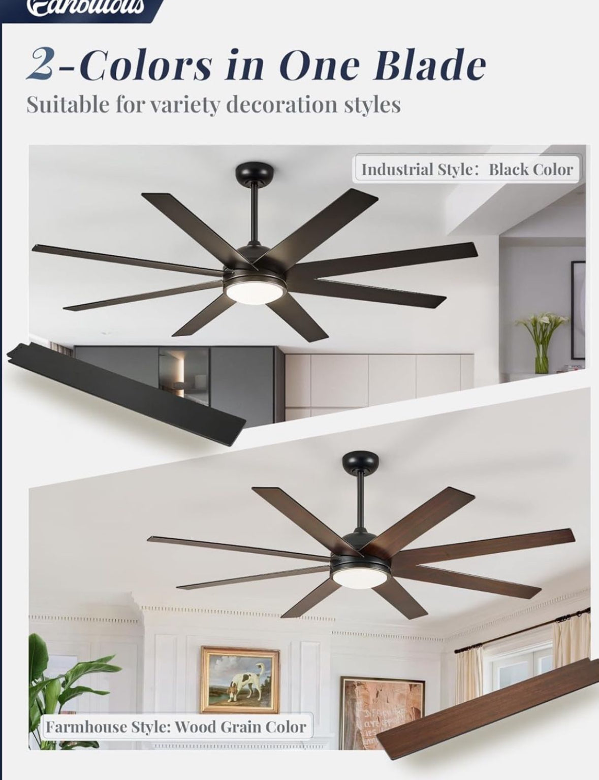 Ceiling Fans with Lights, 72 inch Large Ceiling Fan with Light and Remote, Outdoor Black Ceiling Fan for Living Room Patio, 6 Speeds, Reversi