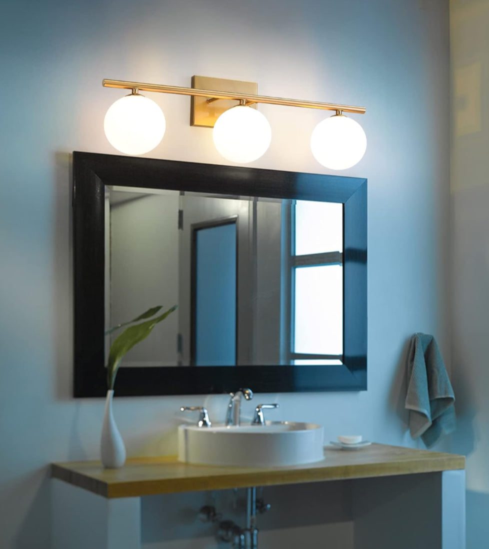 Gold Bathroom Vanity Light Fixtures,3 Lights Brass Milk White Globe - Selzalot