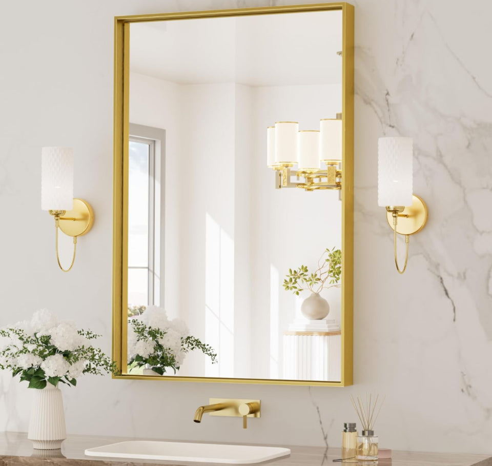 TETOTE Brushed Gold Bathroom Mirror 24 x 36 Inch Rectangle Gold Metal Framed Bathroom Vanity Mirror, Modern Farmhouse Rectangular Brass Frame Large Wa - Selzalot