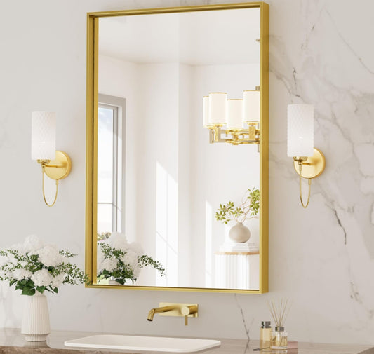 TETOTE Brushed Gold Bathroom Mirror 24 x 36 Inch Rectangle Gold Metal Framed Bathroom Vanity Mirror, Modern Farmhouse Rectangular Brass Frame Large Wa