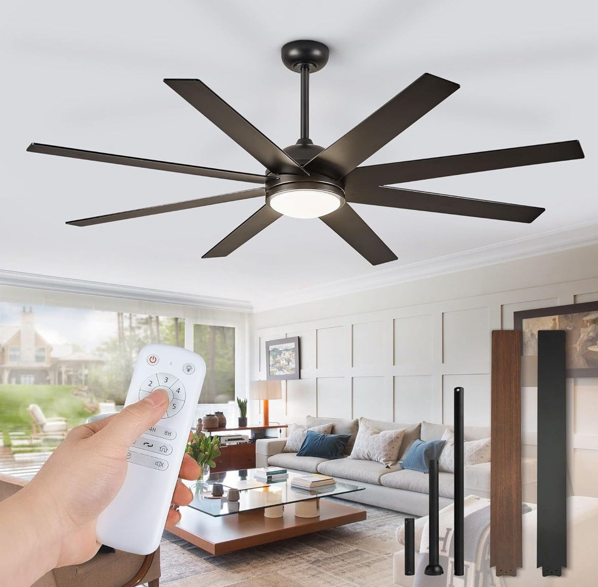 Ceiling Fans with Lights, 72 inch Large Ceiling Fan with Light and Remote, Outdoor Black Ceiling Fan for Living Room Patio, 6 Speeds, Reversi