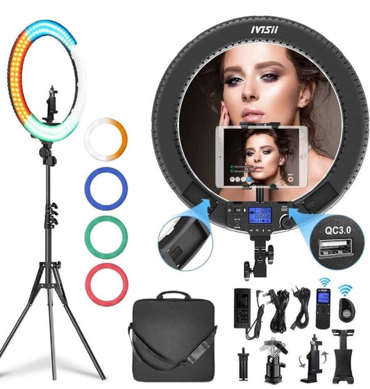 IVISII 19 inch Ring Light with Remote Controller and Stand ipad Holder, 60W Bi-Color with 4 Color Soft Filters for Live Stream/Makeup/YouTube