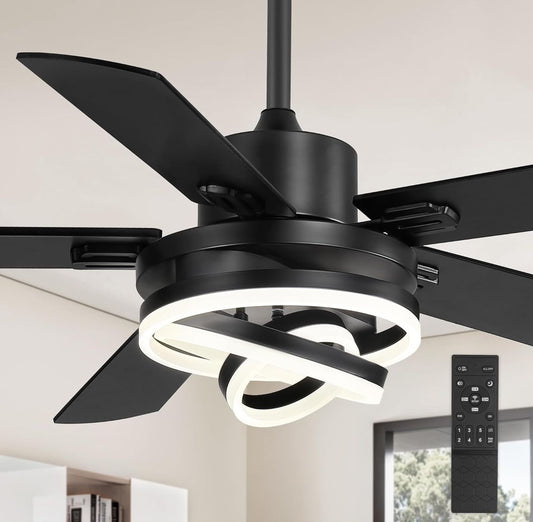 52" Farmhouse Ceiling Fans with Lights,Black Chandelier Fan with 6-Speed Dimmable LED and Reversible DC Motor,Rustic Fandelier Ceiling Fan with 5 Dual